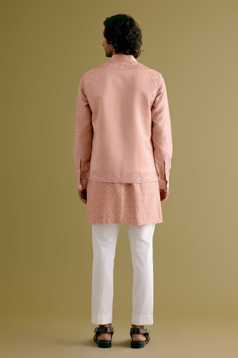 Blush Pink Woven Kurta Set with Dori Embroidered Bundi