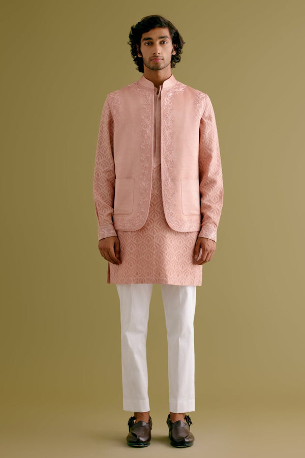 Blush Pink Woven Kurta Set with Dori Embroidered Bundi