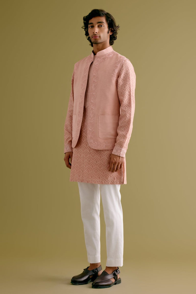 Blush Pink Woven Kurta Set with Dori Embroidered Bundi