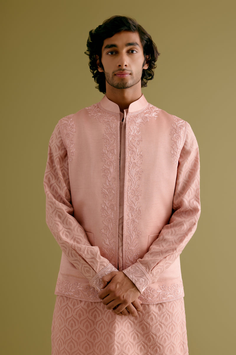 Blush Pink Woven Kurta Set with Dori Embroidered Bundi