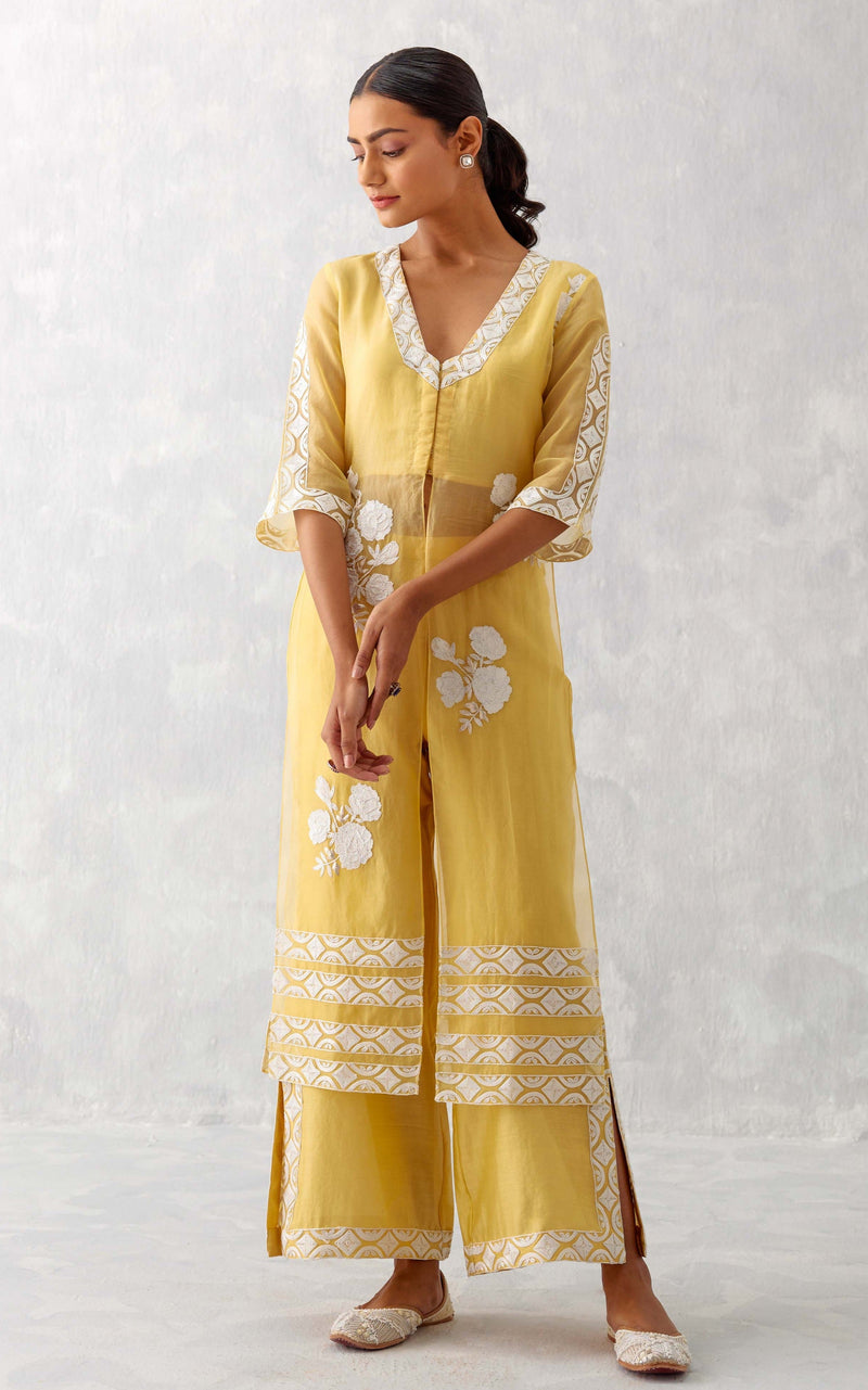 Mango Yellow Slit Silk Organza Kurta Set (RTS)