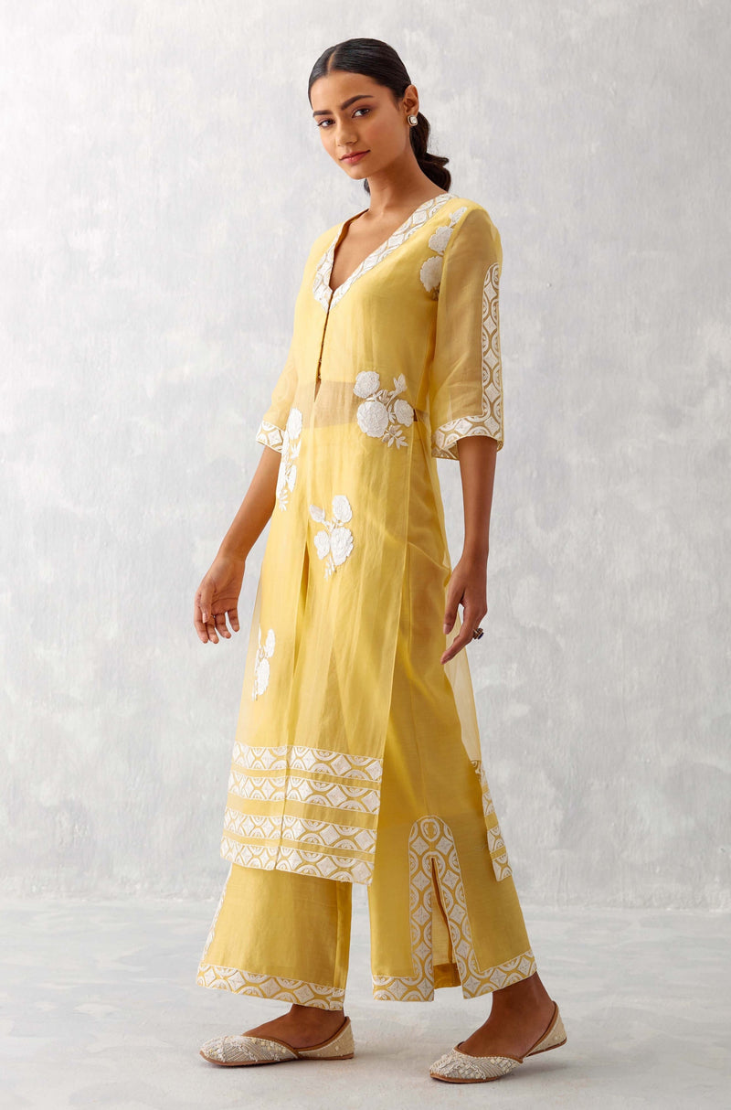 Mango Yellow Slit Silk Organza Kurta Set (RTS)