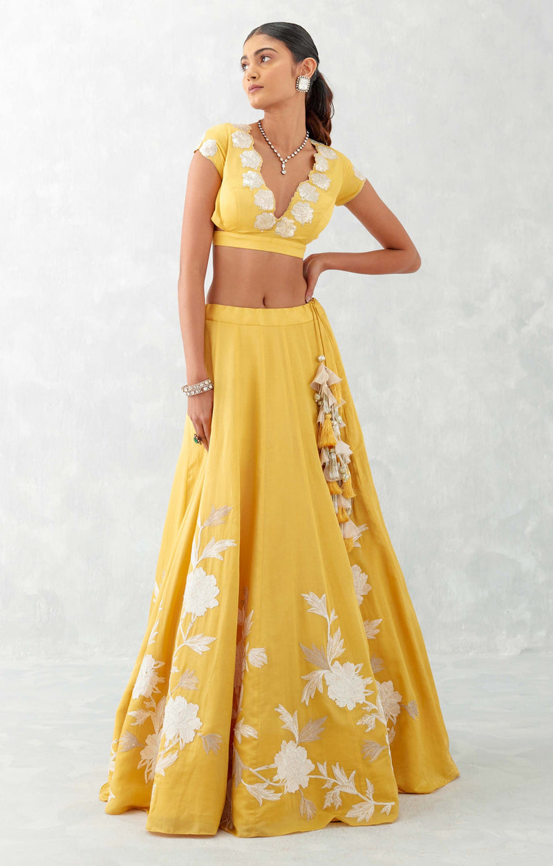 Sanjeeda Shaikh in Mango Yellow Embroidered Cotton Silk Satin Lehenga Set