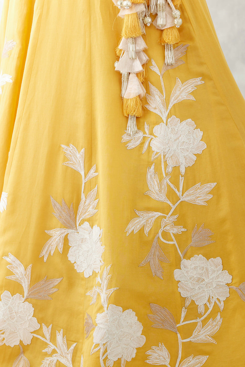 Sanjeeda Shaikh in Mango Yellow Embroidered Cotton Silk Satin Lehenga Set