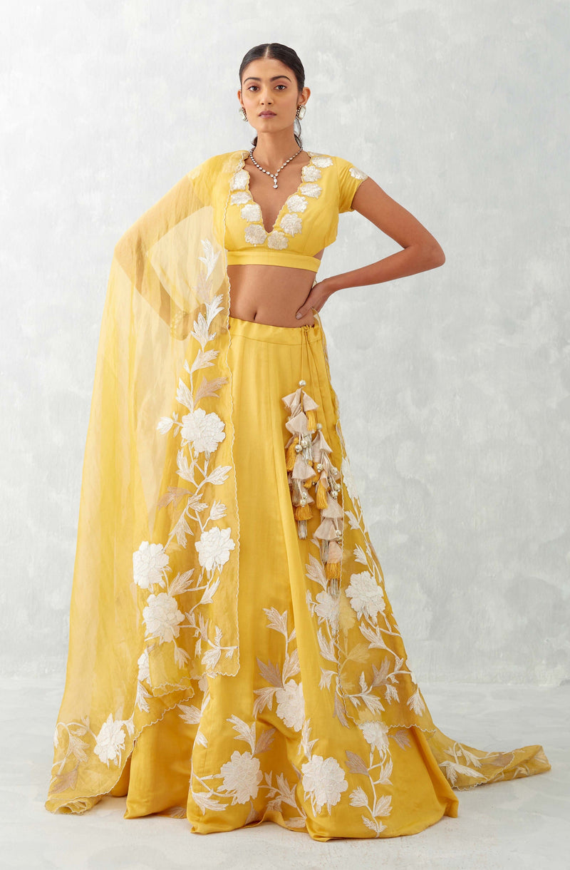 Sanjeeda Shaikh in Mango Yellow Embroidered Cotton Silk Satin Lehenga Set