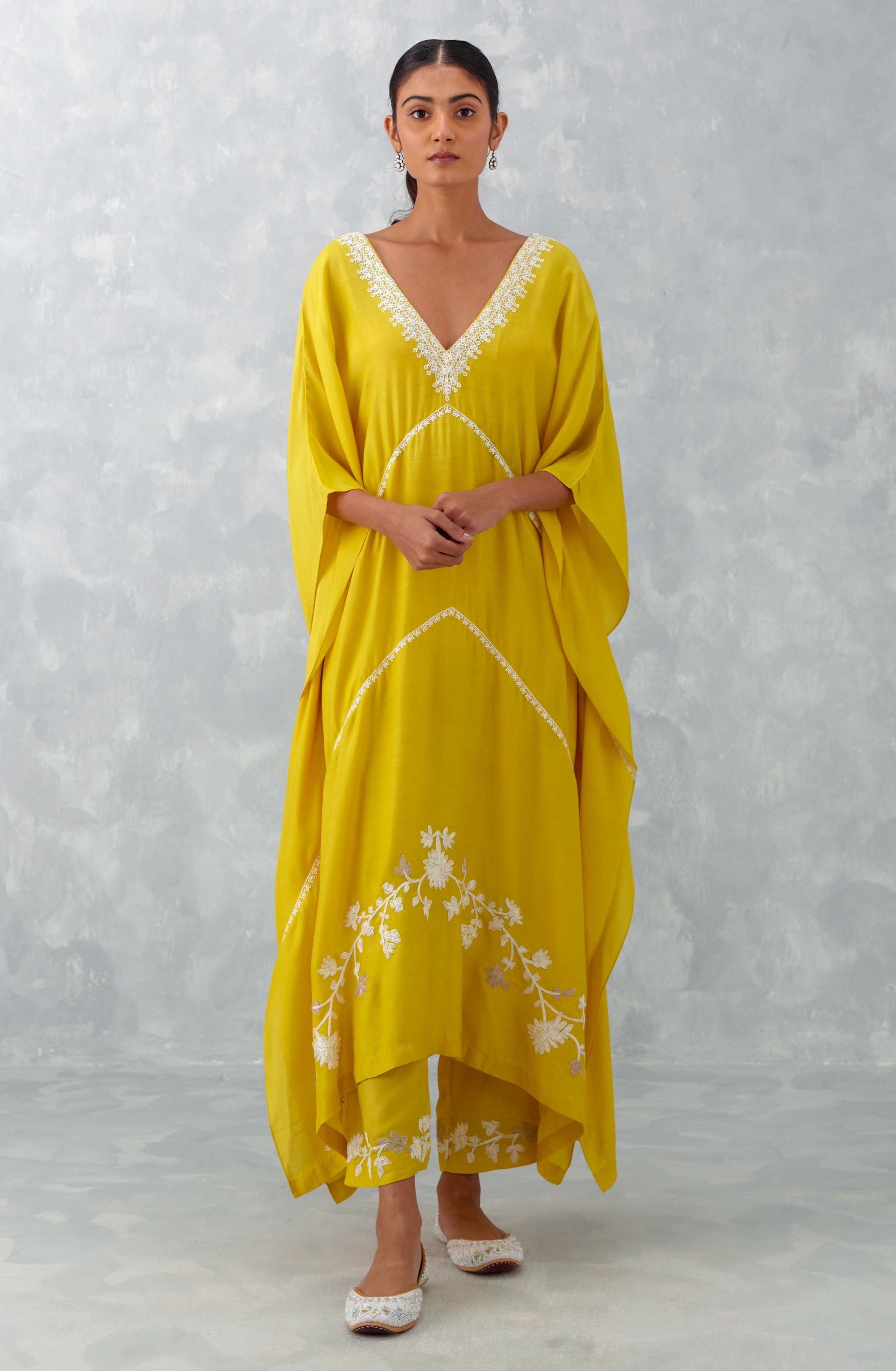 Buy Ranna Gill Yellow Viscose Printed Kaftan Dress Online | Aza Fashions