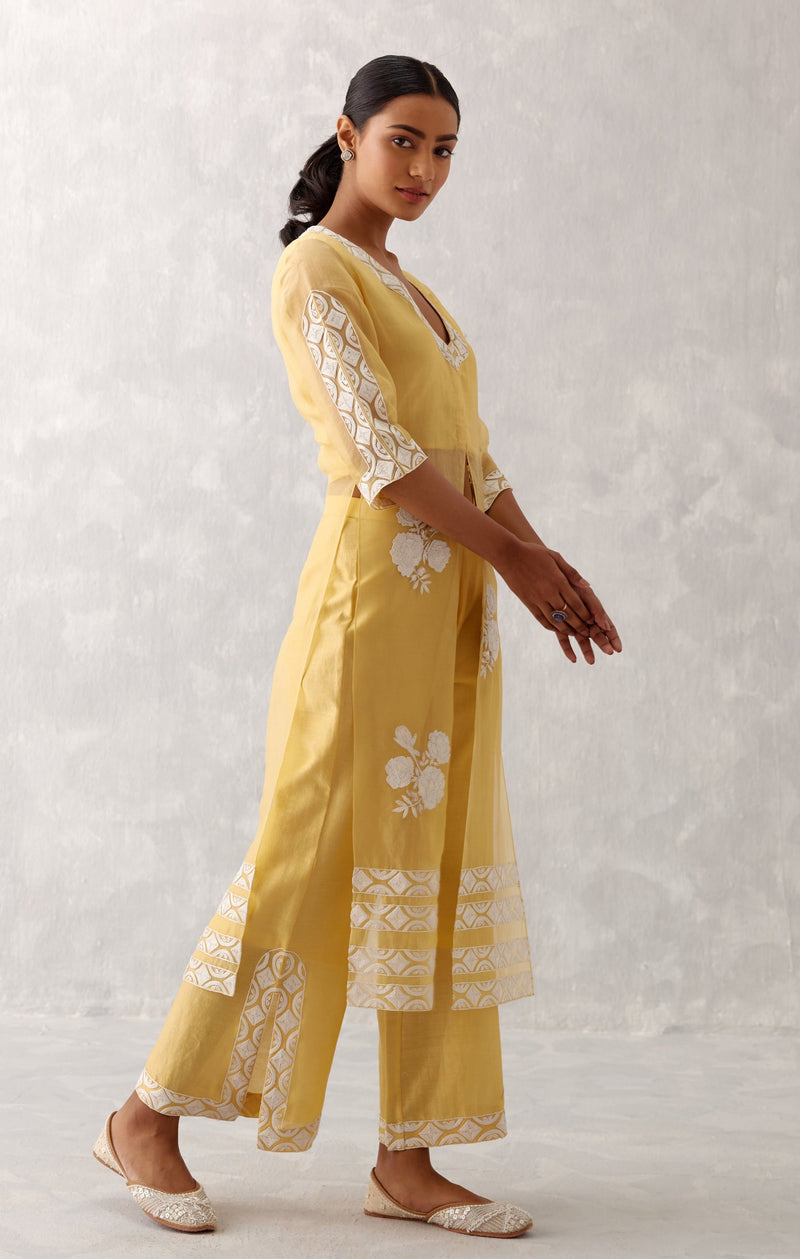 Mango Yellow Slit Silk Organza Kurta Set (RTS)