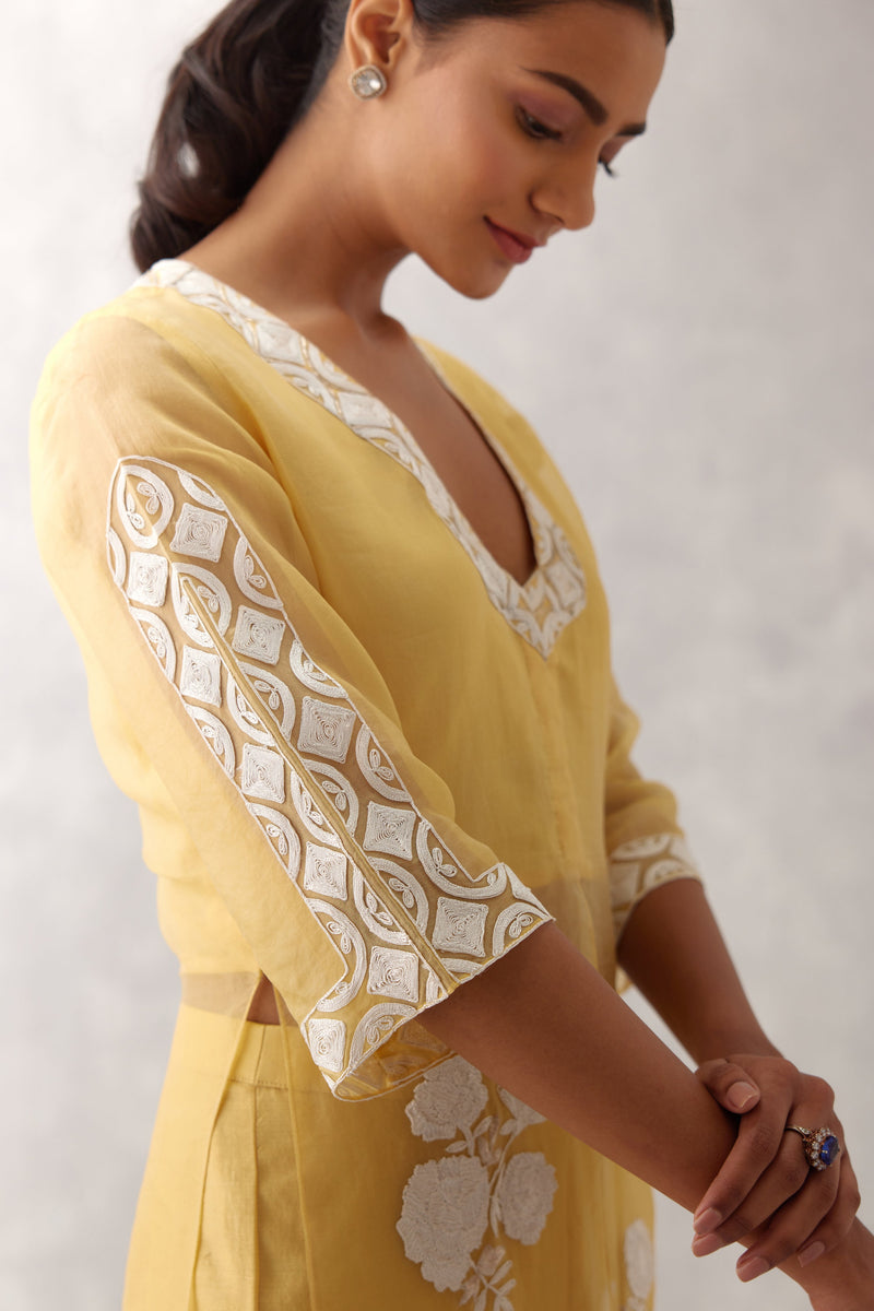 Mango Yellow Slit Silk Organza Kurta Set (RTS)