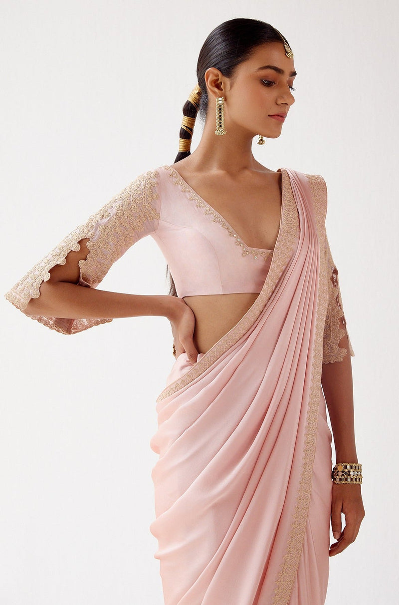 Kriti Kharbanda in Blush Pink Embroidered Satin Saree