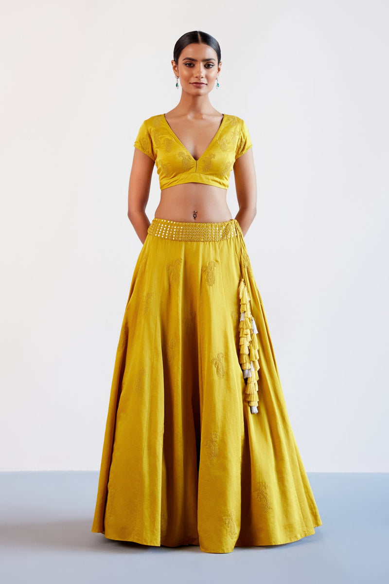 Malaika Arora in Mustard Yellow Embroidered Cotton Silk Satin Lehenga Set