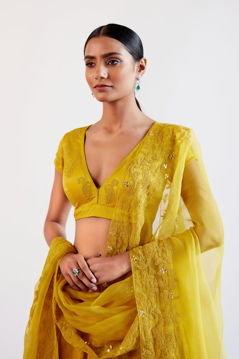 Malaika Arora in Mustard Yellow Embroidered Cotton Silk Satin Lehenga Set