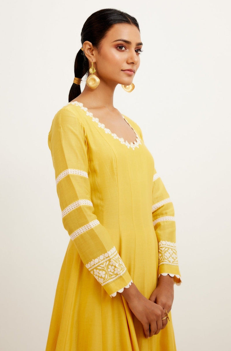 Pooja Hegde in Yellow Chanderi Anarkali Set