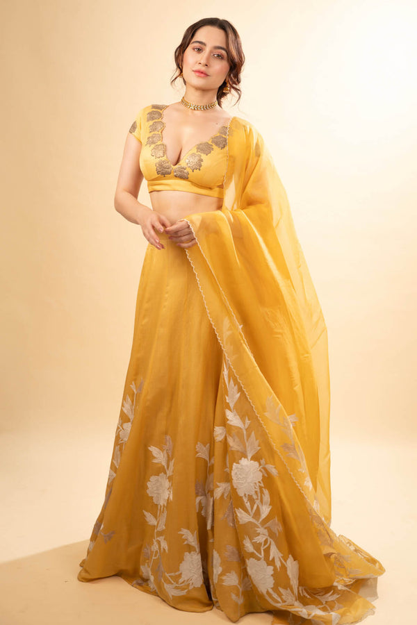 Sanjeeda Shaikh in Mango Yellow Embroidered Cotton Silk Satin Lehenga Set