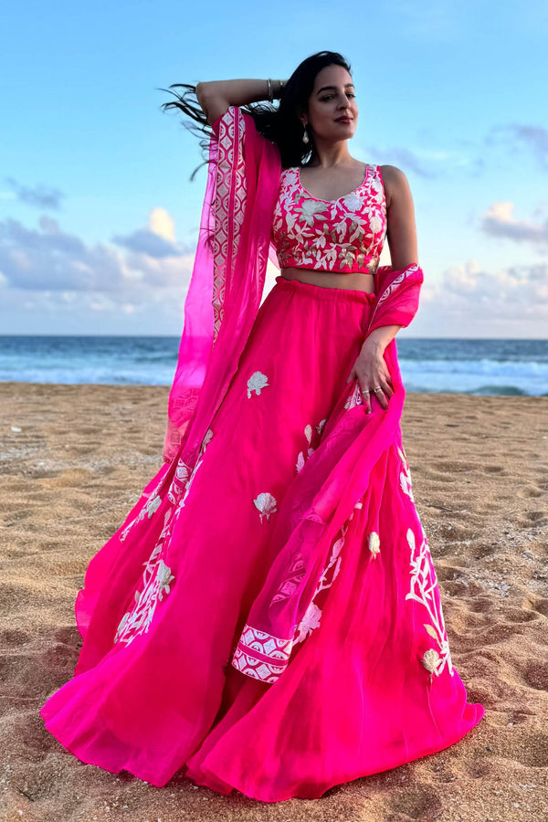 Tarini Manchanda in Fuchsia Pink Embroidered Silk Organza Lehenga Set