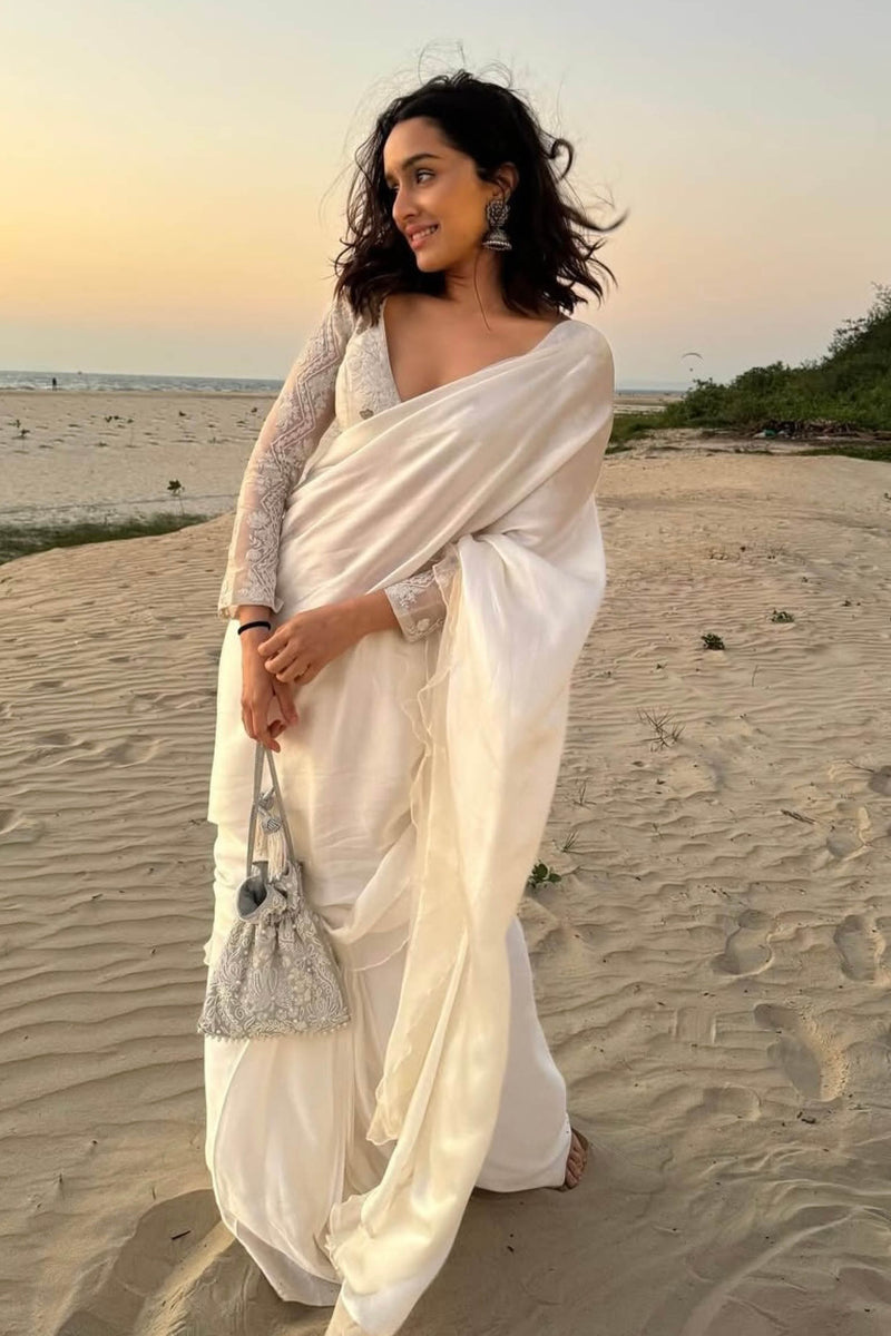 Shraddha Kapoor in Ivory Satin Pre Draped Saree