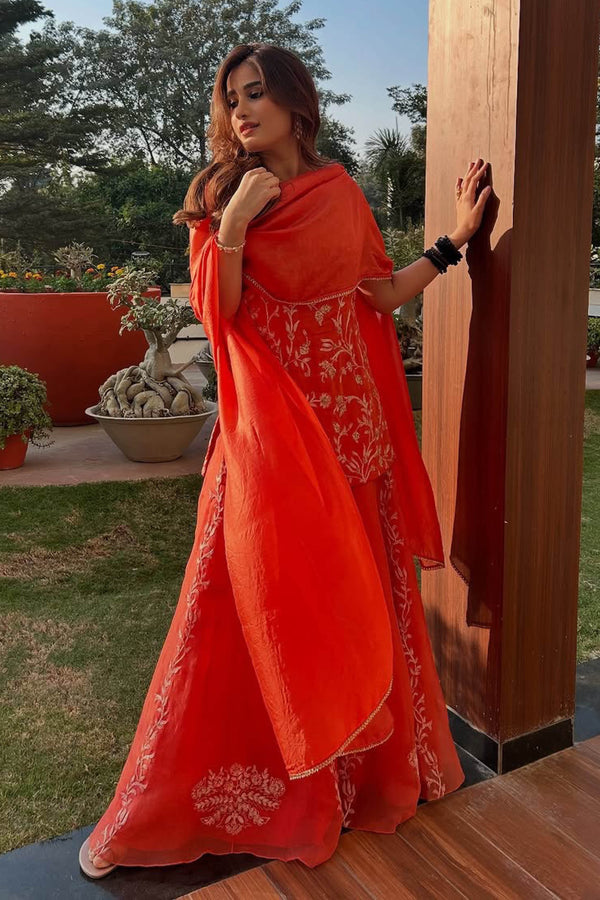 Rasha Thadani in Orange Dori Embroidered Sharara Set