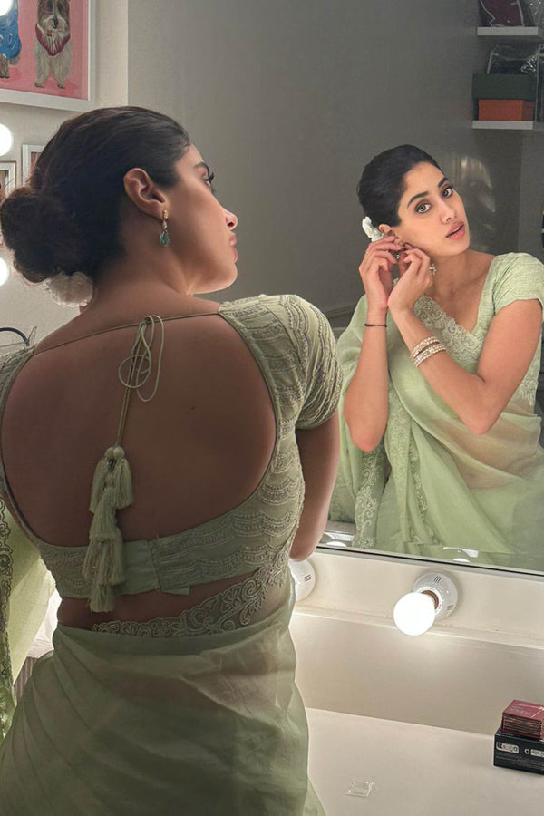 Janhvi Kapoor in Pistachio Green Silk Organza Dori Embroidered Saree Set