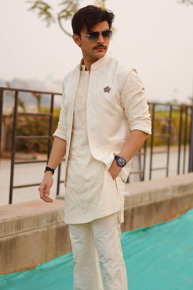 Veer Pahariya in Ivory Woven Kurta Set with Dori Embroidered Bundi