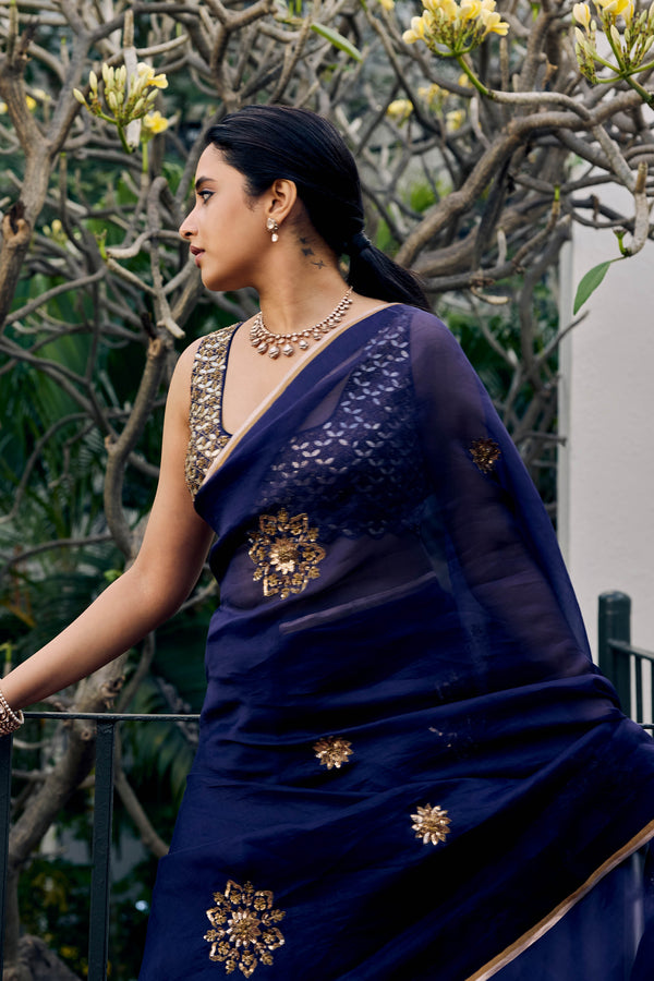 Priyanka Mohan in Navy Blue Zardozi and Sequins Hand Embroidered Silk Organza Saree