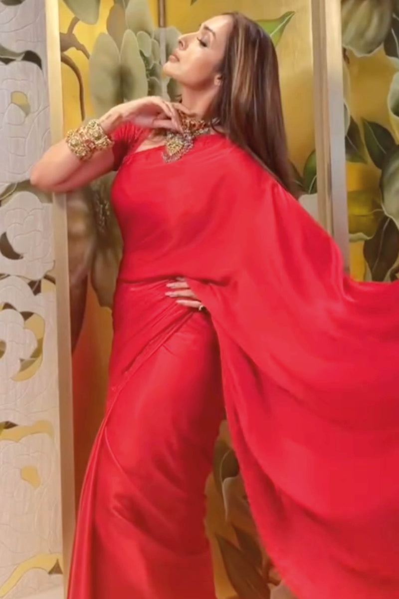 Malaika Arora in Ruby Red Satin Saree with Embroidered Belt