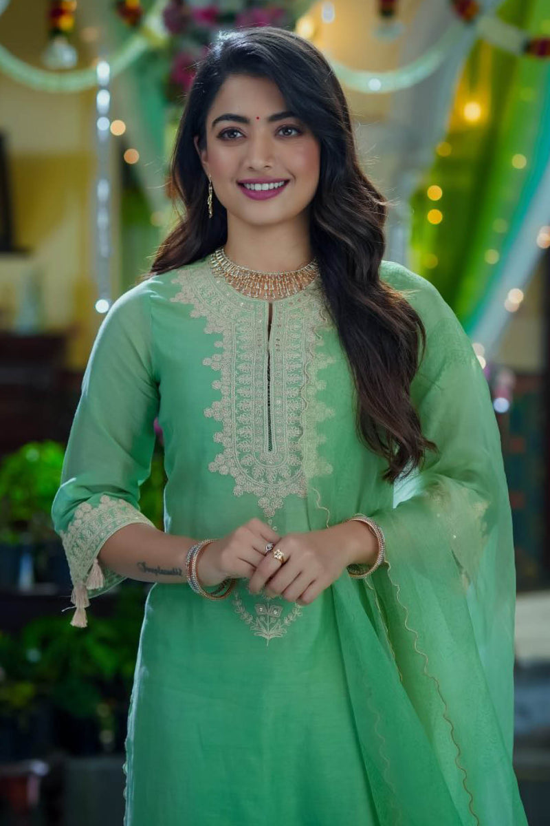 Rashmika Mandanna in Green Dori Embroidered Kurta Set