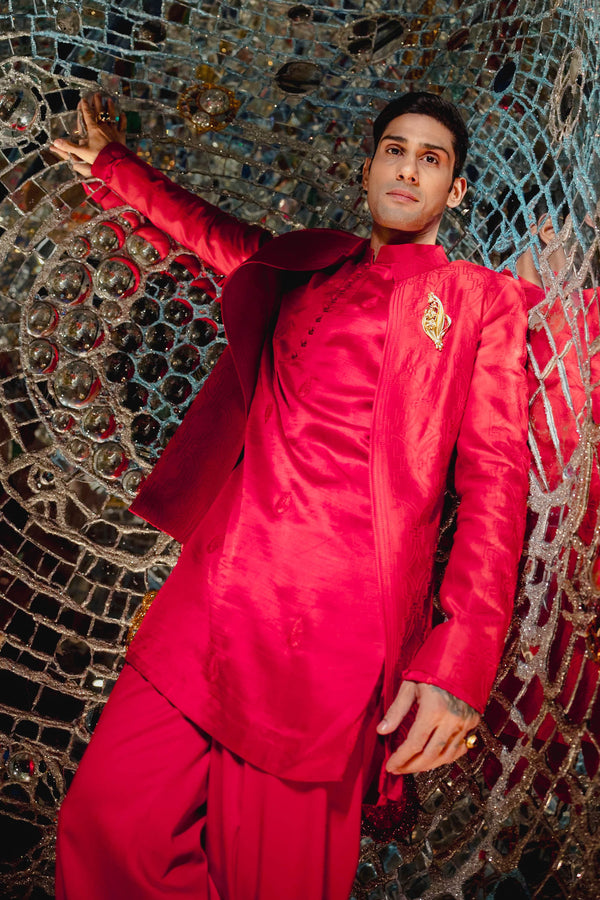 Prateik Patil Babbar in Ruby Red Dori Embroidered Kurta and Jacket Set