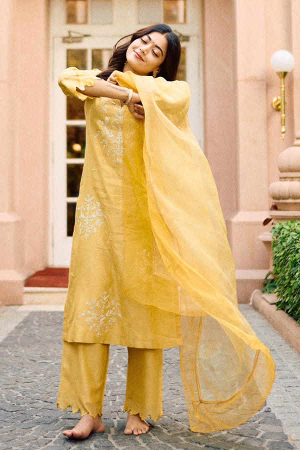 Rashmika Mandanna in Yellow Silk Chanderi Dori Embroidered Kurta Set