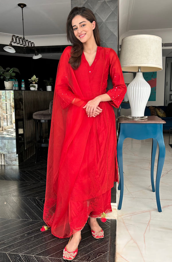 Red Silk Chanderi Patra Embellished Kurta Set (RTS)