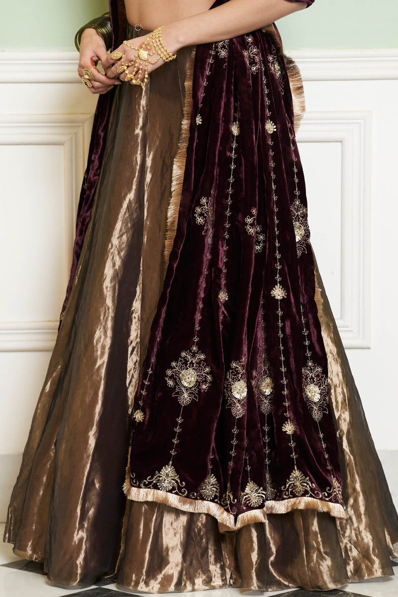 Gold Silk Tissue Embroidered Lehenga Set