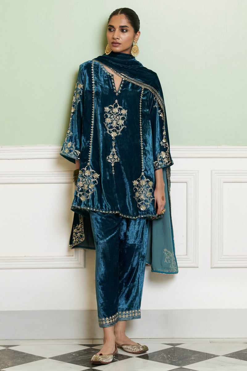 Teal Blue Embroidered Velvet Short Kalidar Kurta Set