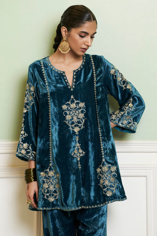 Teal Blue Embroidered Velvet Short Kalidar Kurta Set