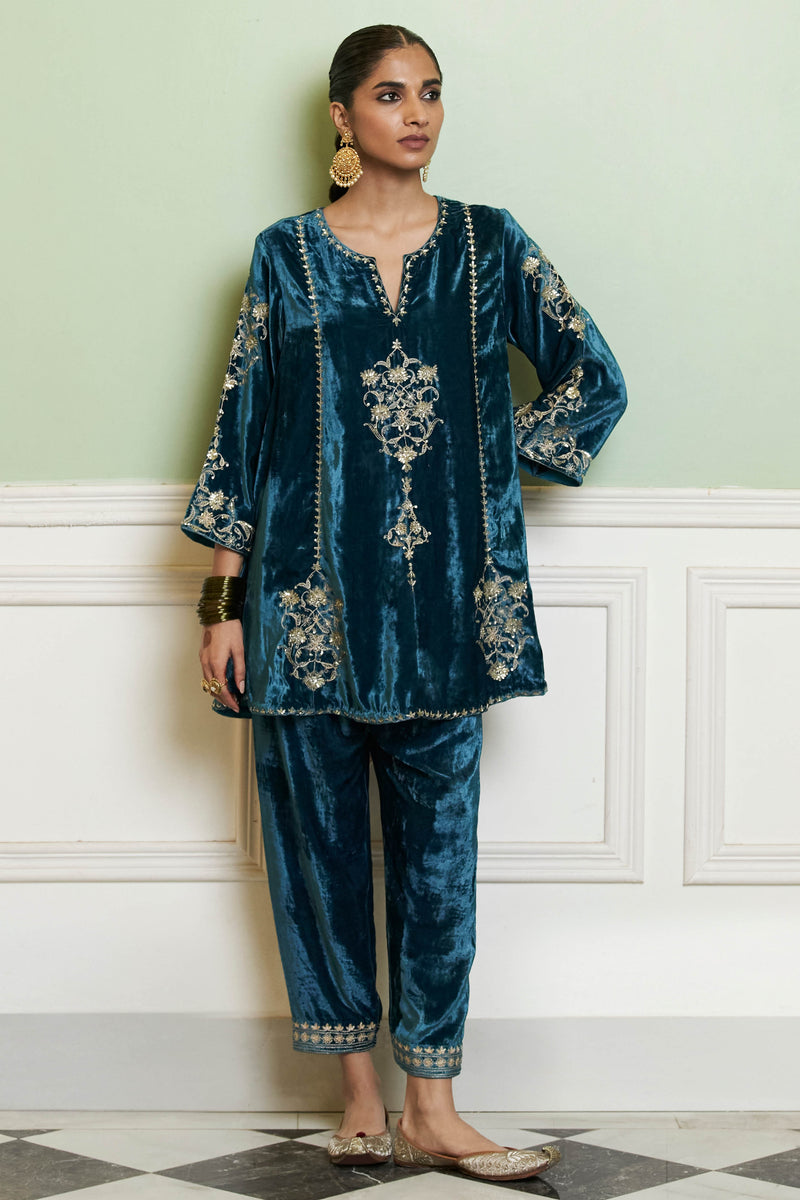 Teal Blue Embroidered Velvet Short Kalidar Kurta Set