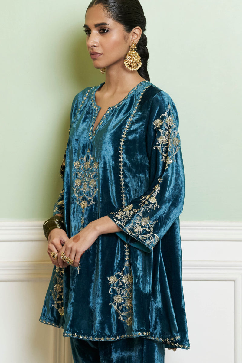 Teal Blue Embroidered Velvet Short Kalidar Kurta Set