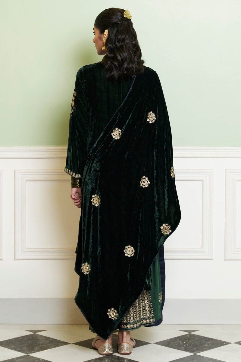 Emerald Green Embroidered Velvet Kurta Set