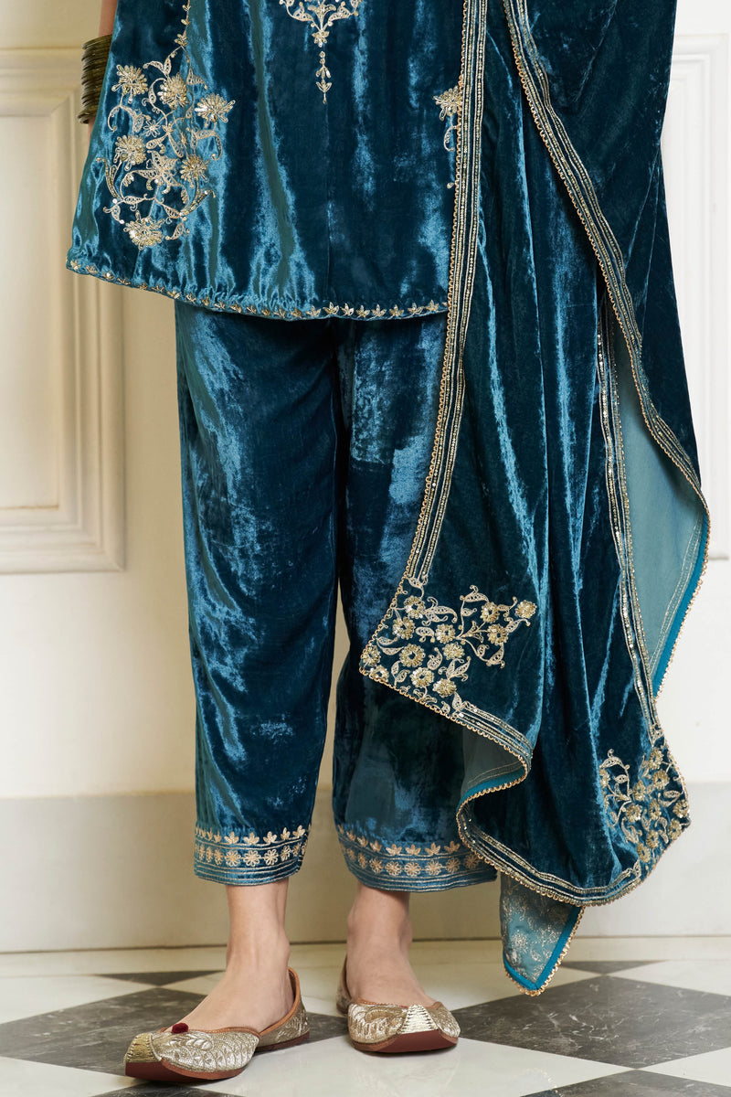 Teal Blue Embroidered Velvet Short Kalidar Kurta Set