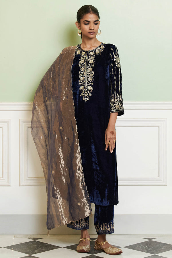 Navy Blue Embroidered Velvet Straight Kurta Set