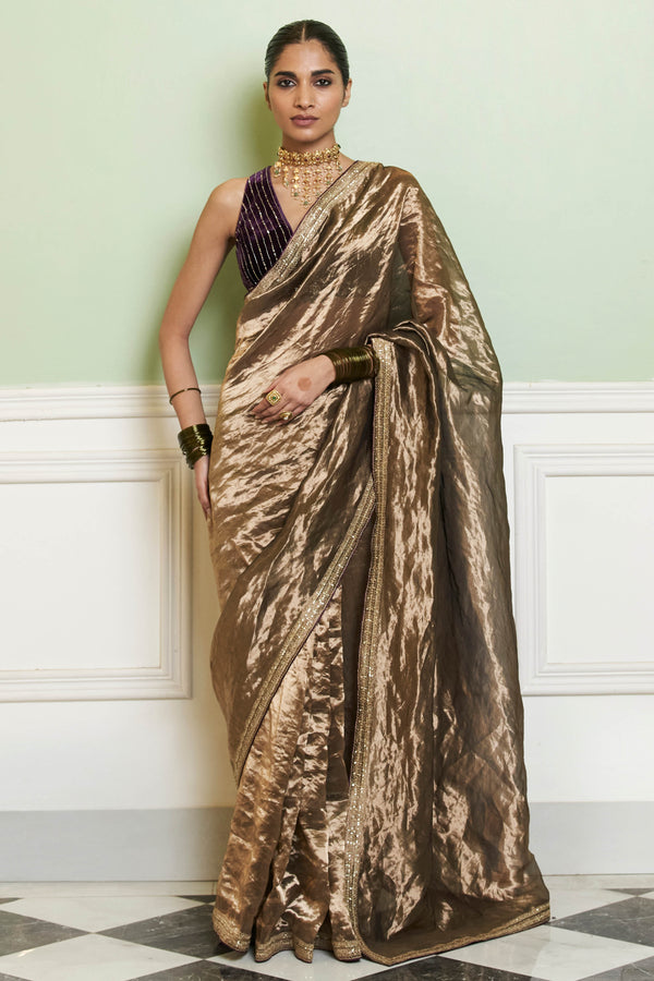 Gold Silk Tissue Saree and Velvet Blouse Set