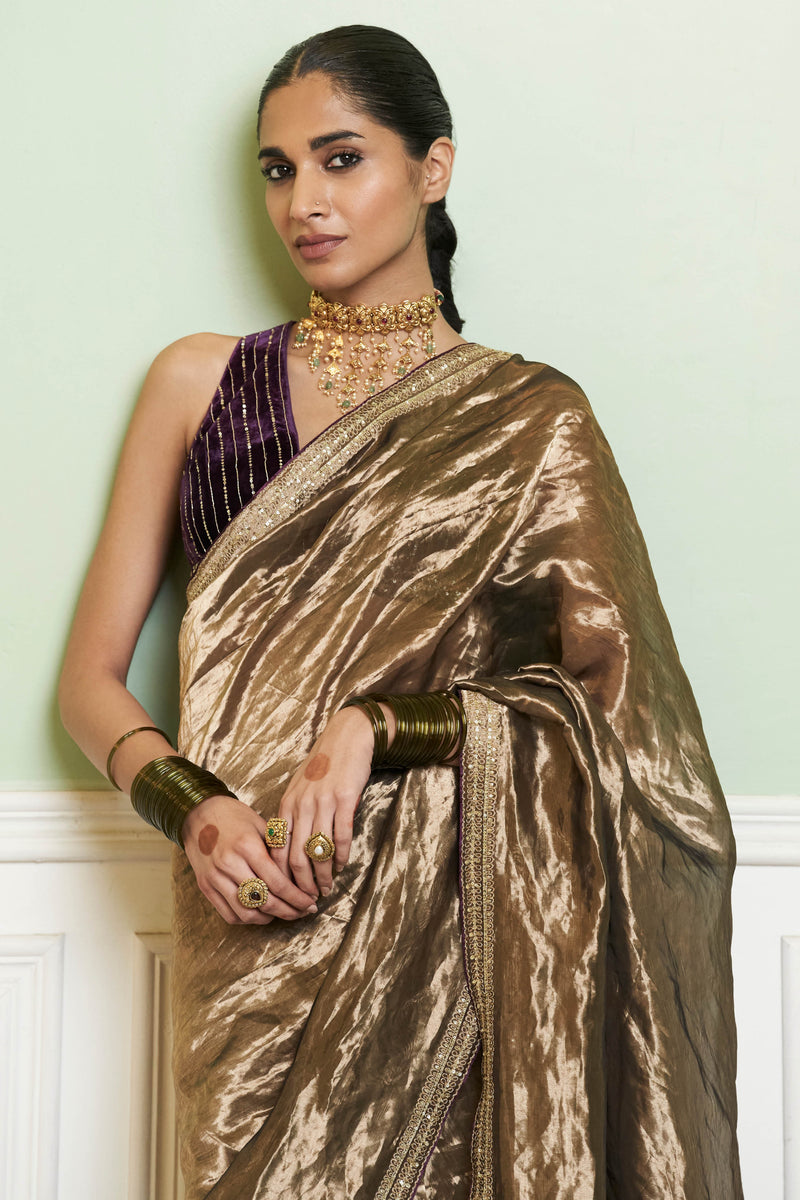 Gold Silk Tissue Saree and Velvet Blouse Set