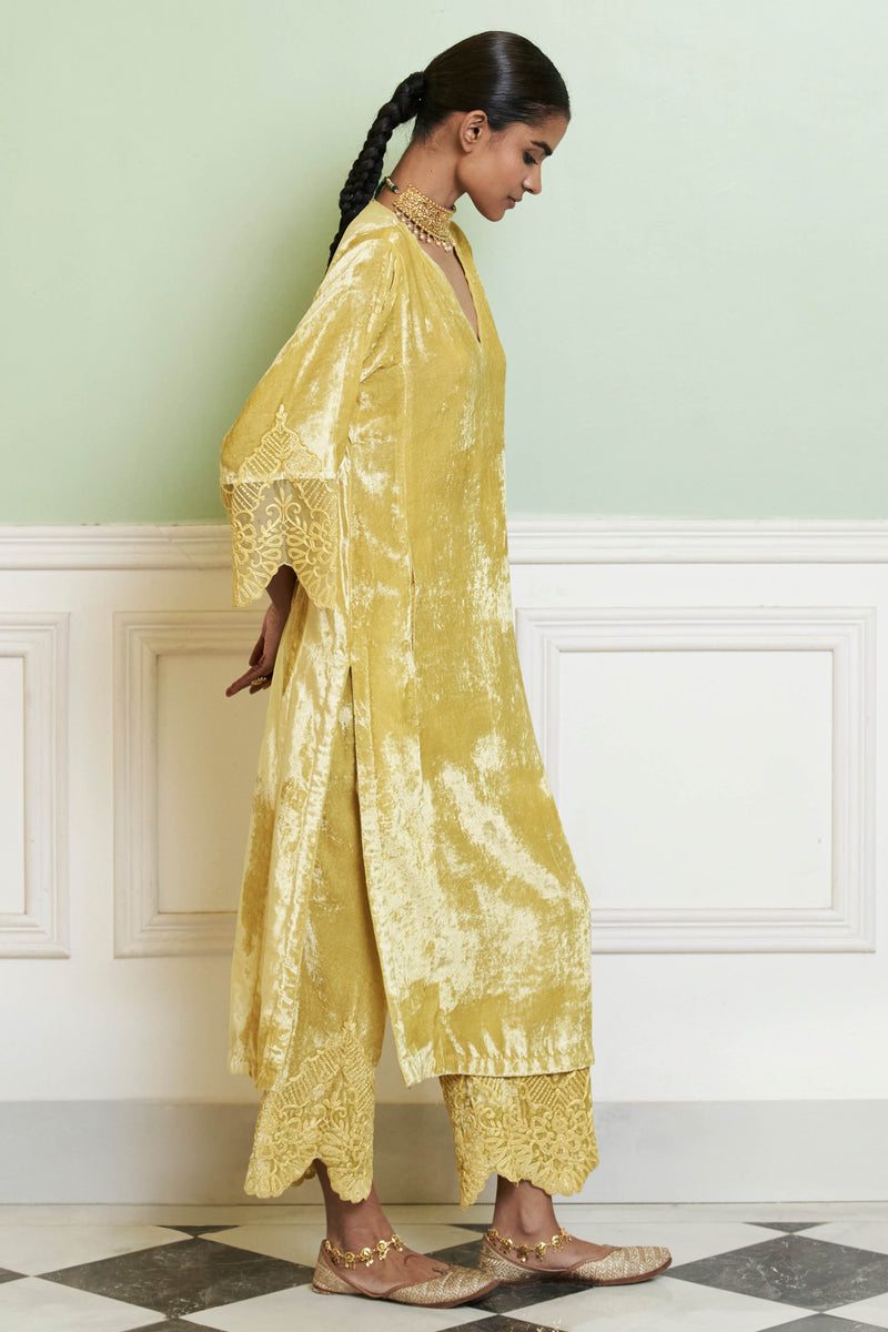 Lemon Yellow Velvet Straight Kurta Set