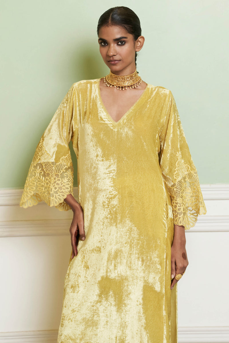 Lemon Yellow Velvet Straight Kurta Set