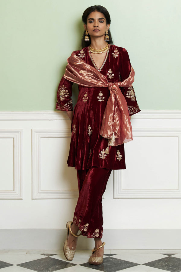 Maroon Embroidered Velvet Short Kalidar Kurta Set