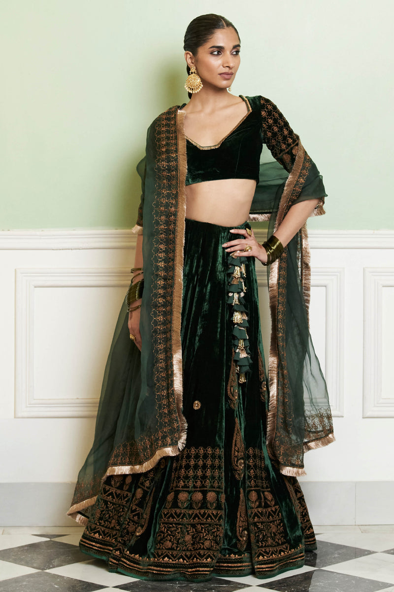 Emerald Green Zari Embroidered Velvet Lehenga Set