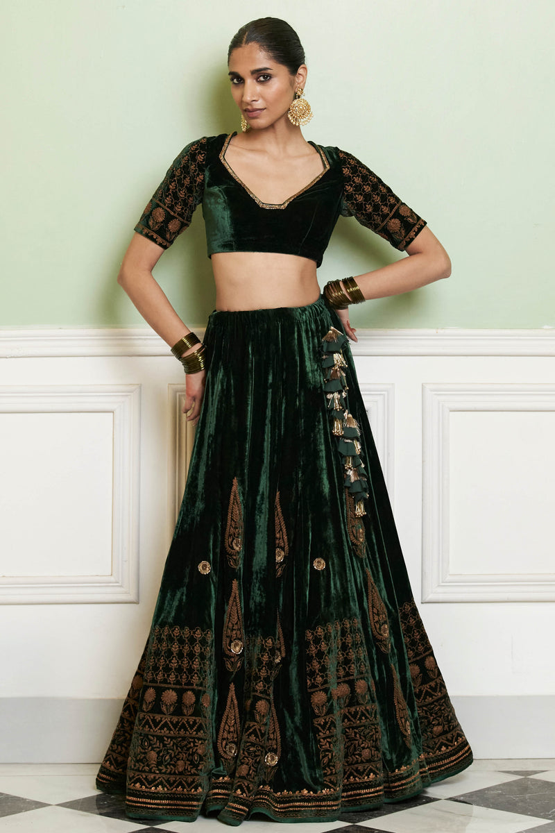 Emerald Green Zari Embroidered Velvet Lehenga Set