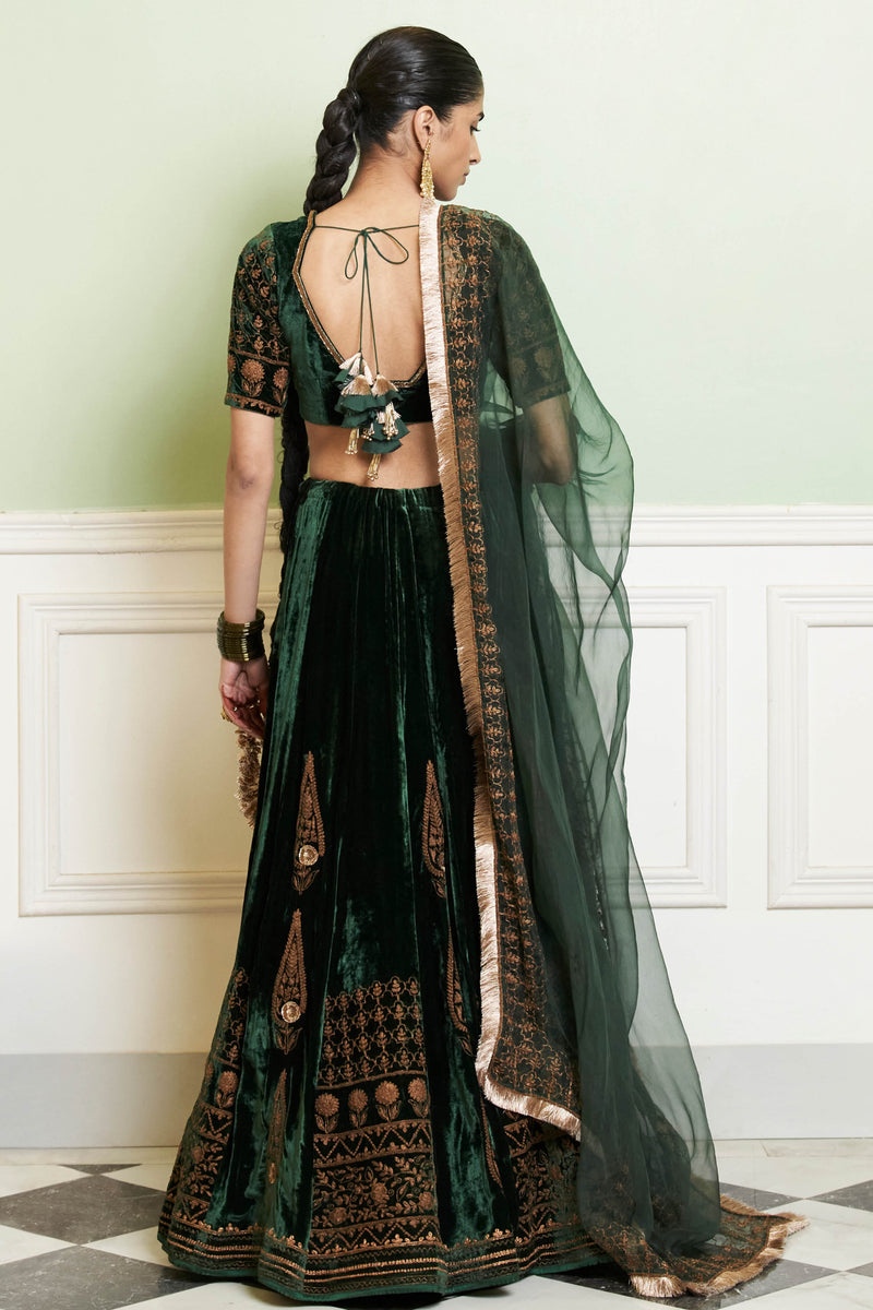 Emerald Green Zari Embroidered Velvet Lehenga Set