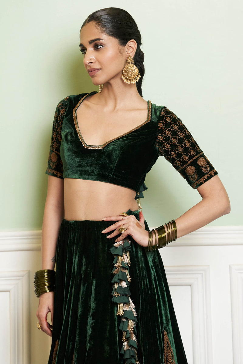 Emerald Green Zari Embroidered Velvet Lehenga Set