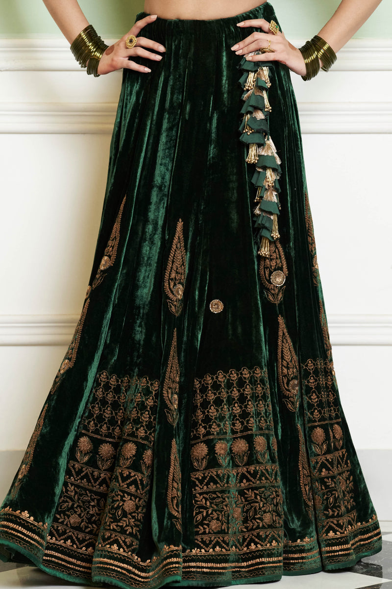 Emerald Green Zari Embroidered Velvet Lehenga Set