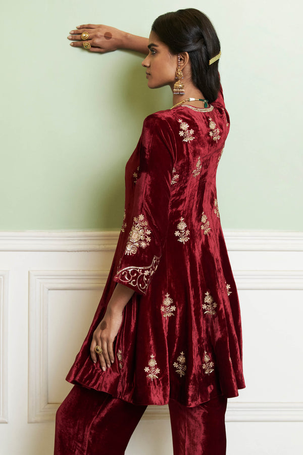 Maroon Embroidered Velvet Short Kalidar Kurta Set