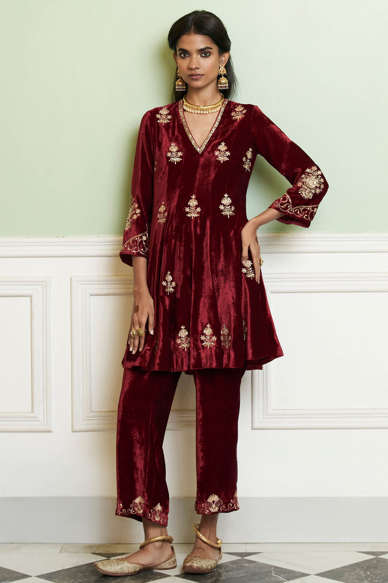 Maroon Embroidered Velvet Short Kalidar Kurta Set