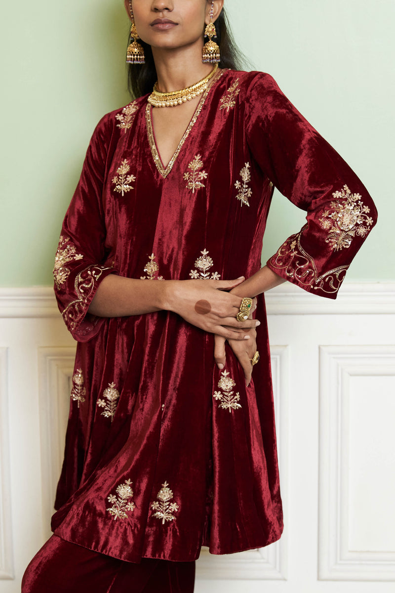 Maroon Embroidered Velvet Short Kalidar Kurta Set