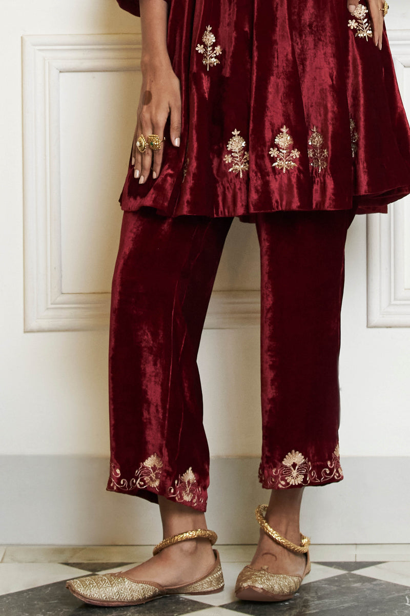 Maroon Embroidered Velvet Short Kalidar Kurta Set